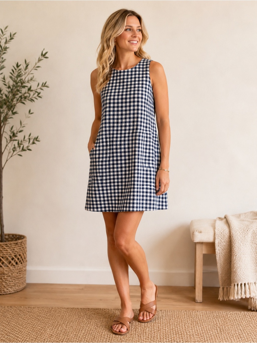Old Navy Petite Navy White Gingham Linen Blend Shift Dress - Medium Petite